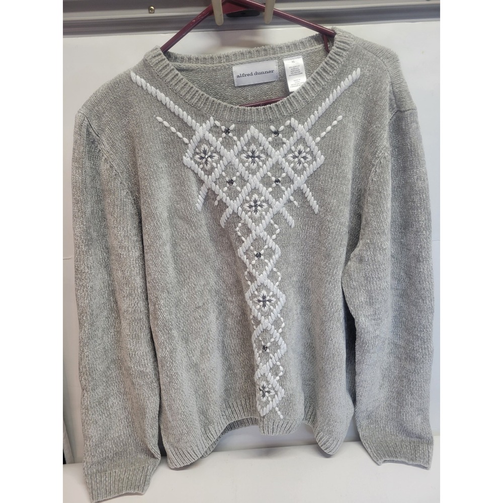 Alfred Dunner Women XL Gray Chenille Embellished‎ Geometric Knit Sweater